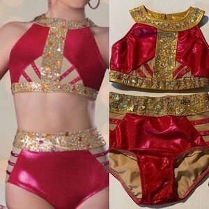 Glamour solo dance costume 2 piece red gold Aphrodite rhinestone goddess LC chil